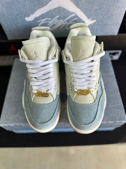 Light denim and cream low top sneakers with white laces
