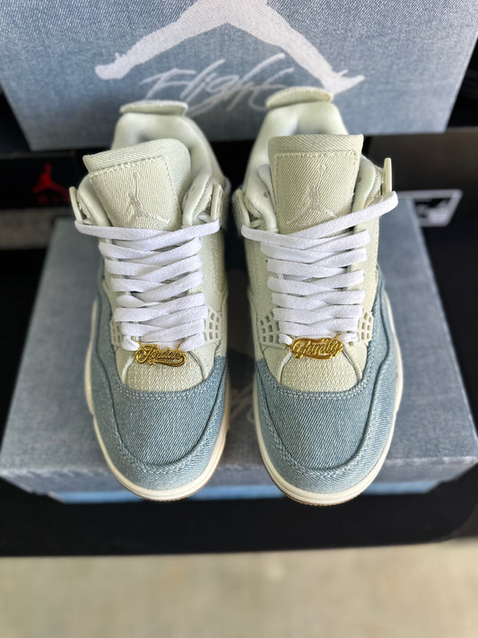 Light denim and cream low top sneakers with white laces