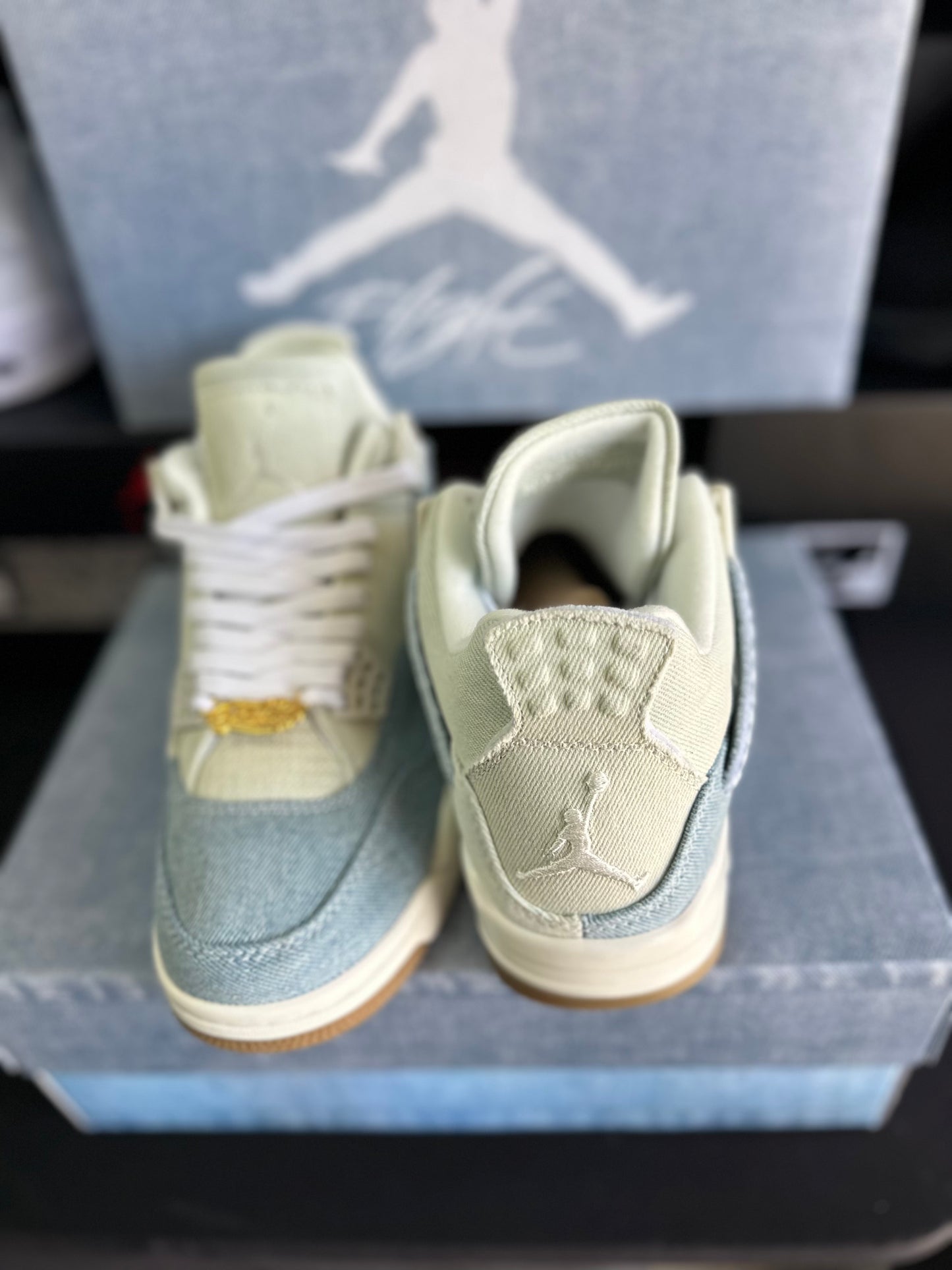 Denim style sneakers with gold lace charm detail
