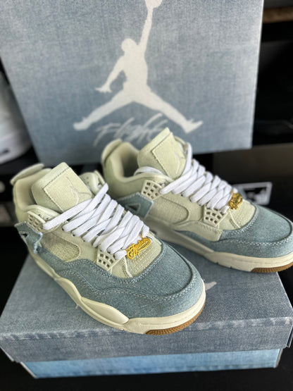 Front view of light blue and cream low top sneakers